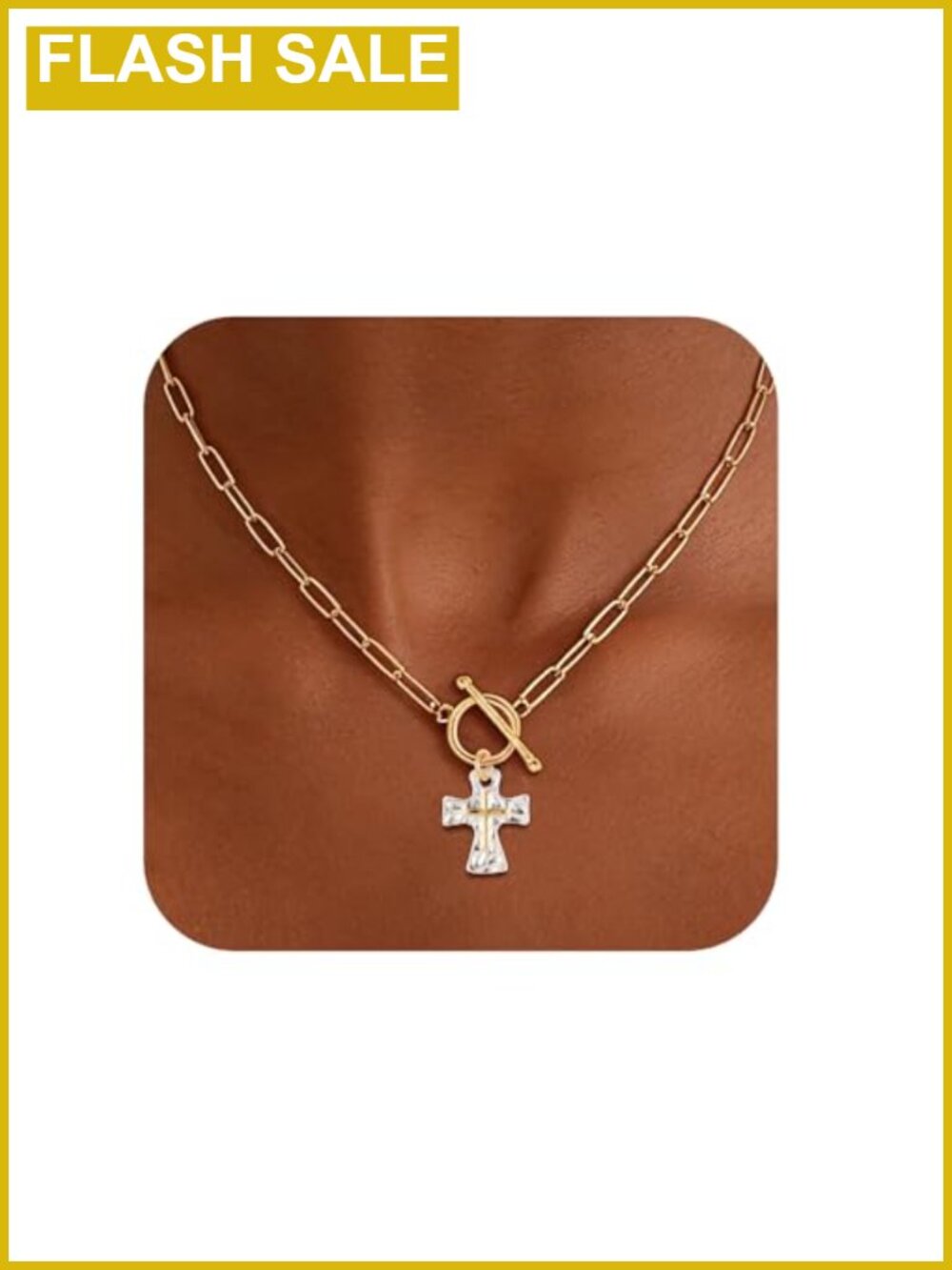 18K Gold Silver Plated Chunky Cross Pendant Necklace 46cm Paperclip Chain